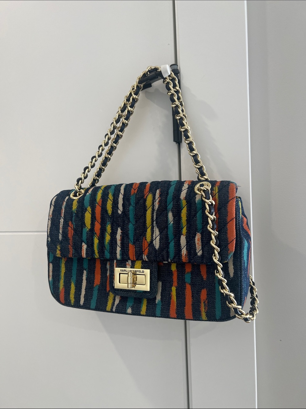 Karl Lagerfeld Multicolor Striped Chain Shoulder Bag - Navy, Teal, Orange